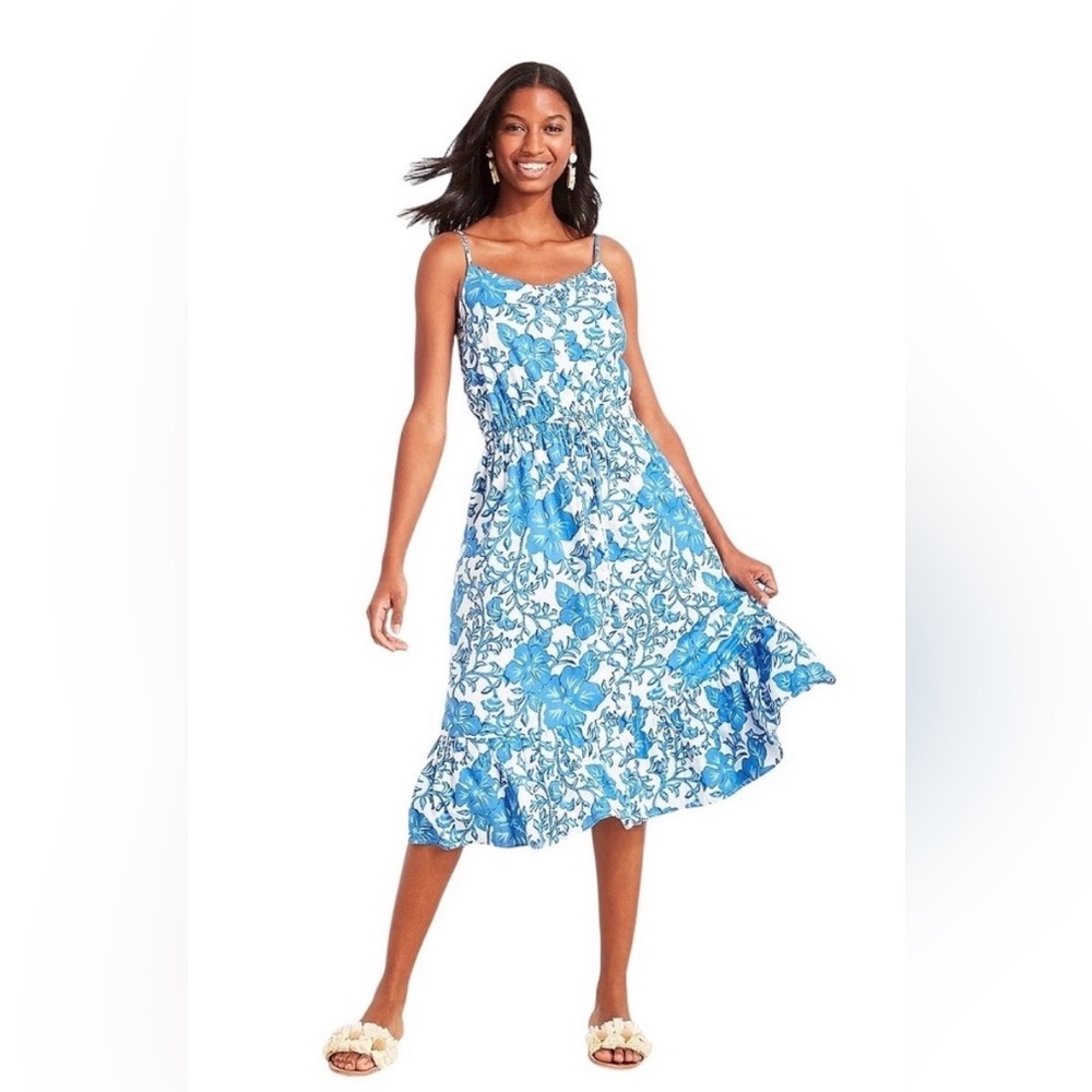Vineyard Vines Floral Button Front Midi Dress in Tide Blue Floral